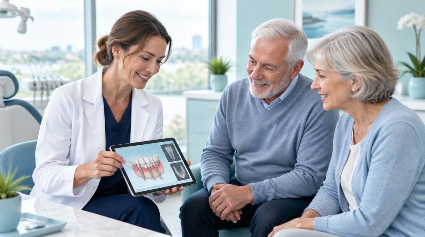 Dentist showing a treatment plan on a tablet to an older couple